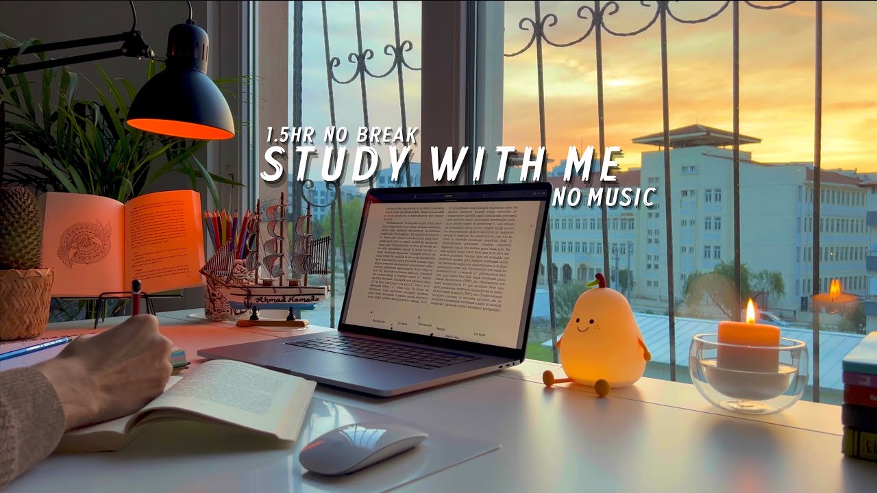 1.5 HOUR STUDY WITH ME 🌅 | Fire Crackling Sounds | My room at Sunset | No Music