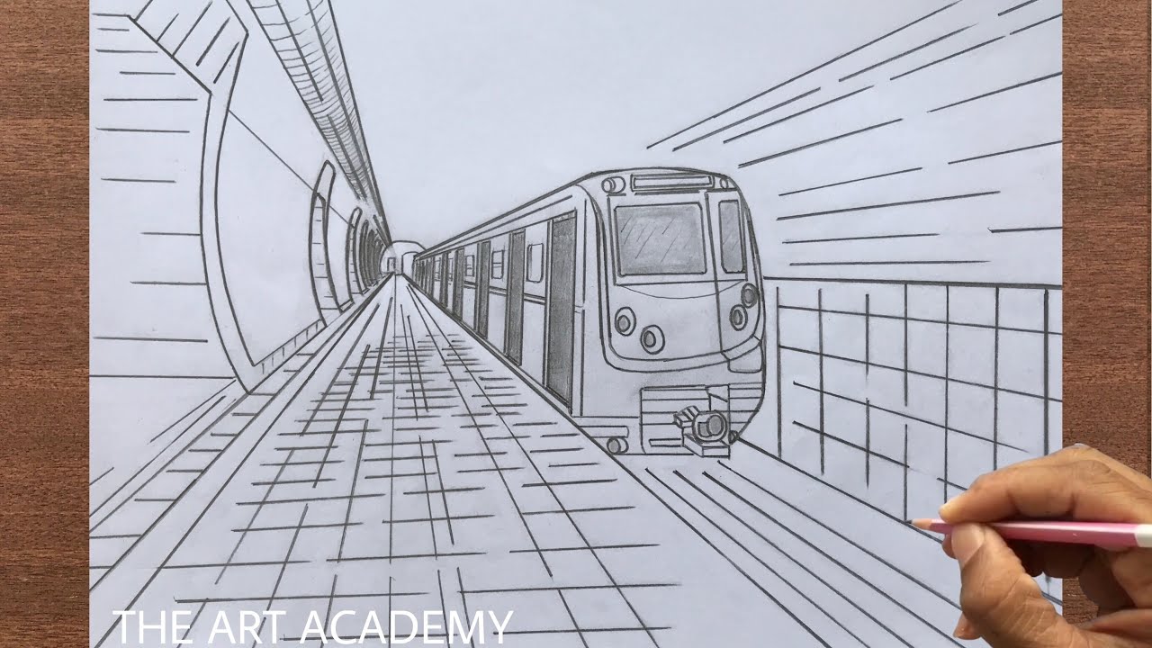 How to Draw 1-Point Perspective Railway Station Sketch Using Pencil