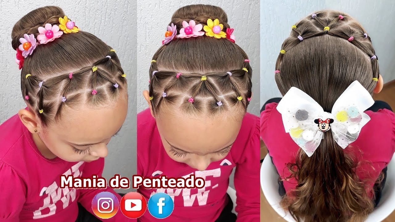 Penteado Infantil com ligas e coque ou amarração | Easy bun hairstyle for girls | Coiffures simples