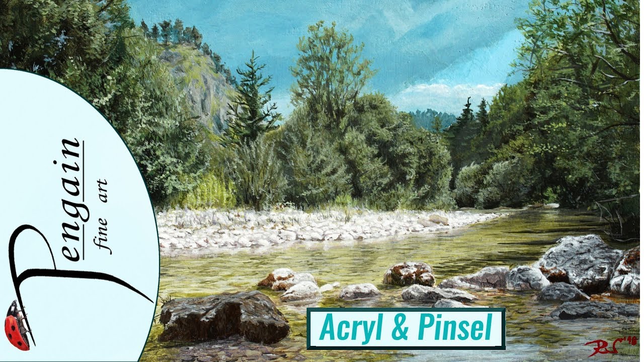 Gebirgsfluss zwischen Bäumen - gemalt in Acryl