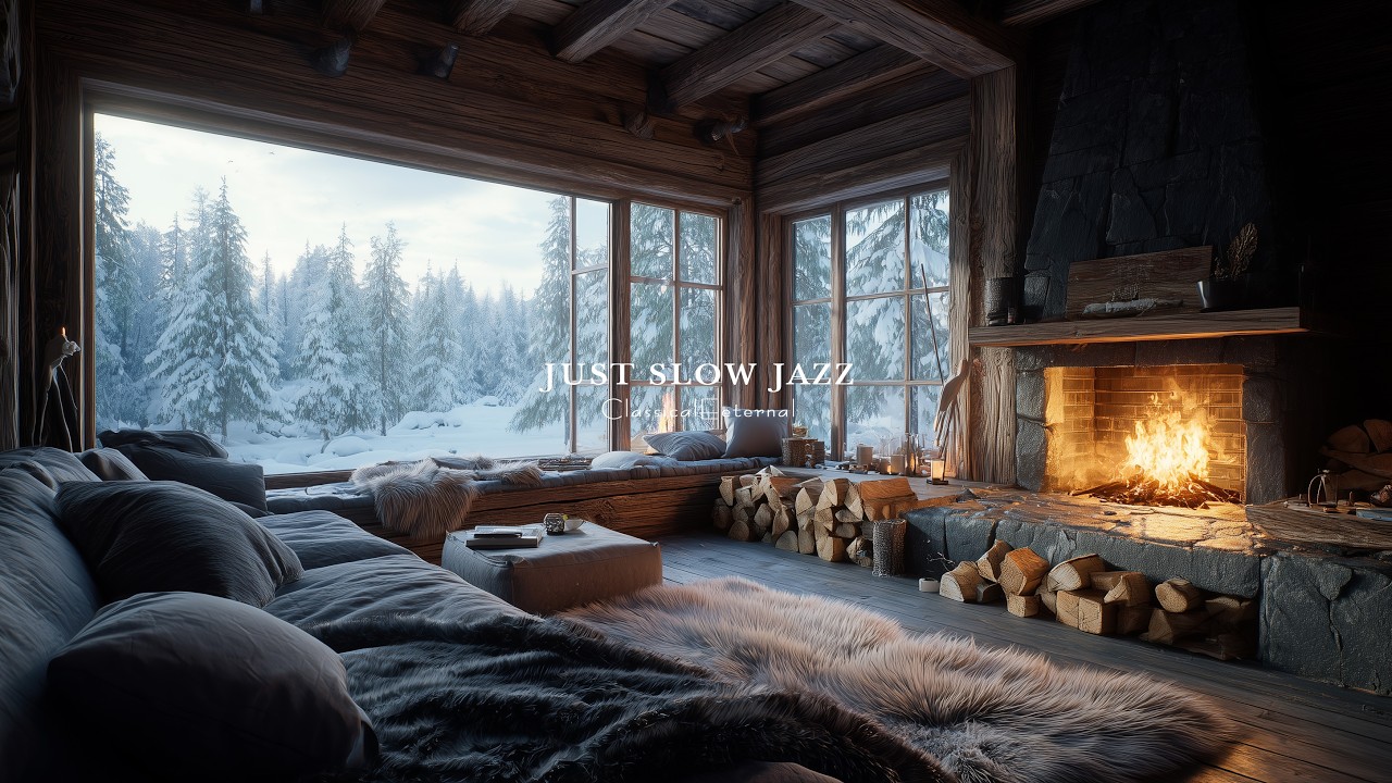 雪の森に佇む暖炉のキャビン｜ウィンター・ジャズ・プレイリスト