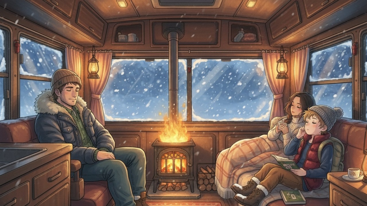 Snowy Night in Bus Ride 🚚 Cozy Wood Stove & Family Moments | Ghibli-Style ASMR
