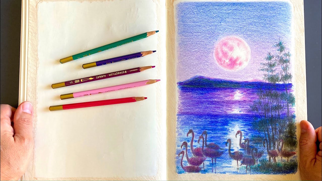 First ever sketchbook / drawing #4 / Night flamingos