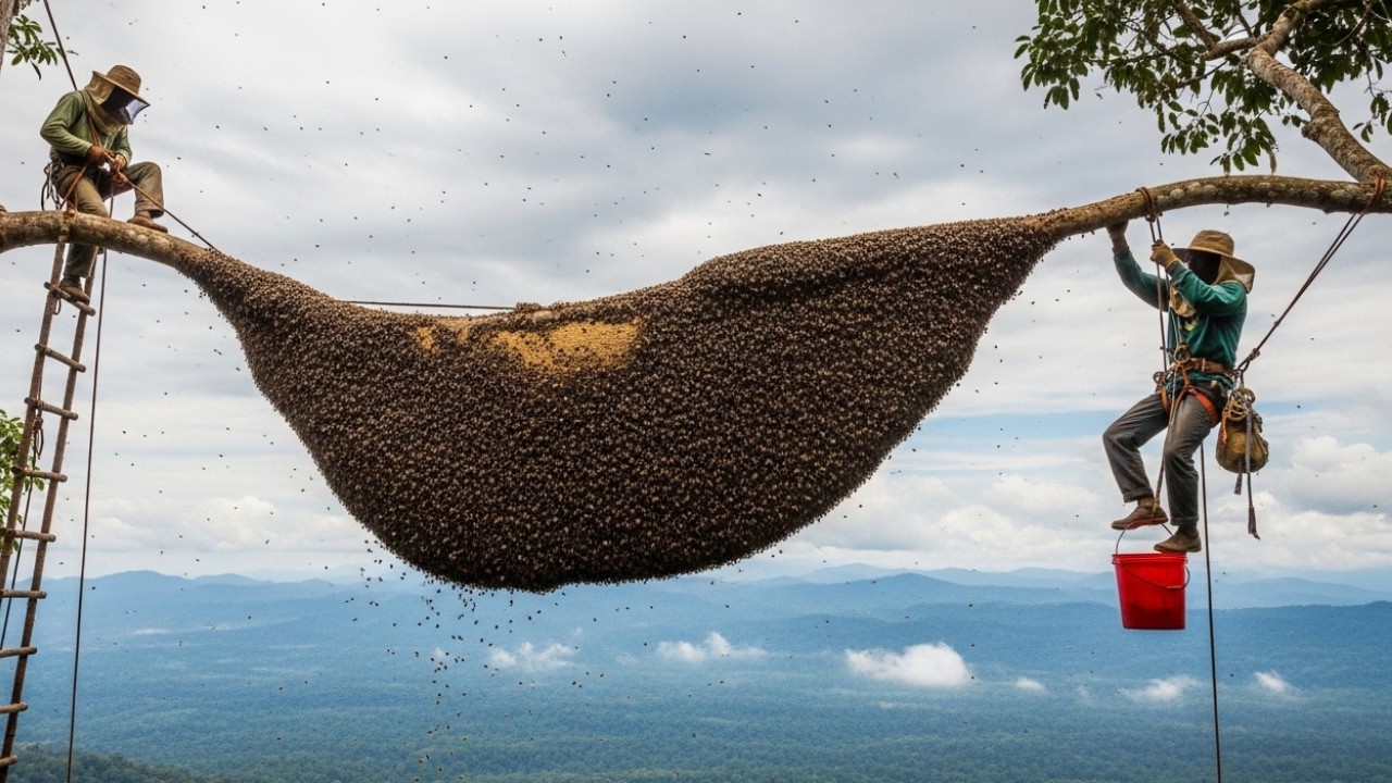 800 Meters Up Facing an Aggressive Forest Beehive | Extreme Honey Hunt