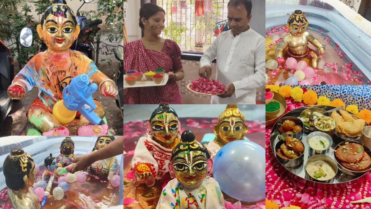 Holi celebration 🥳🎉 laddu Gopal Ji ke sath 🥰 Golu Babu ke rang per sab rang gay, 😊