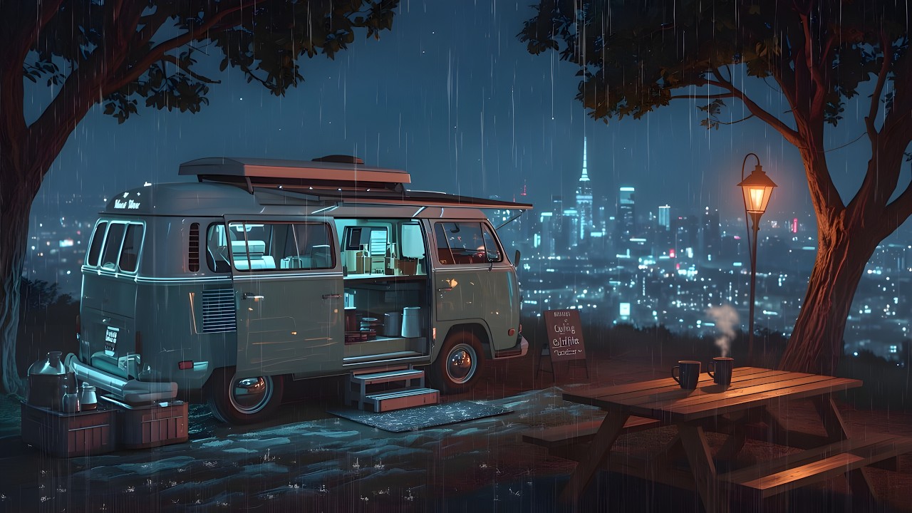 1990s Lofi City 🌧️ The Last Coffee Van Above Rainy Lights ☕ Rainy Night Beats