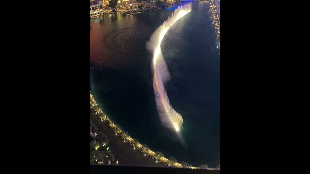 Bellagio fountains from Cosmopolitan room balcony.  Friendship discussion