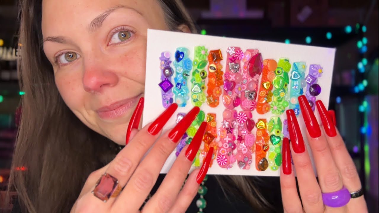asmr/ XXL nails show n tell🩷🩵🧡💚 (I made XXL press ons for an ASMRtist)