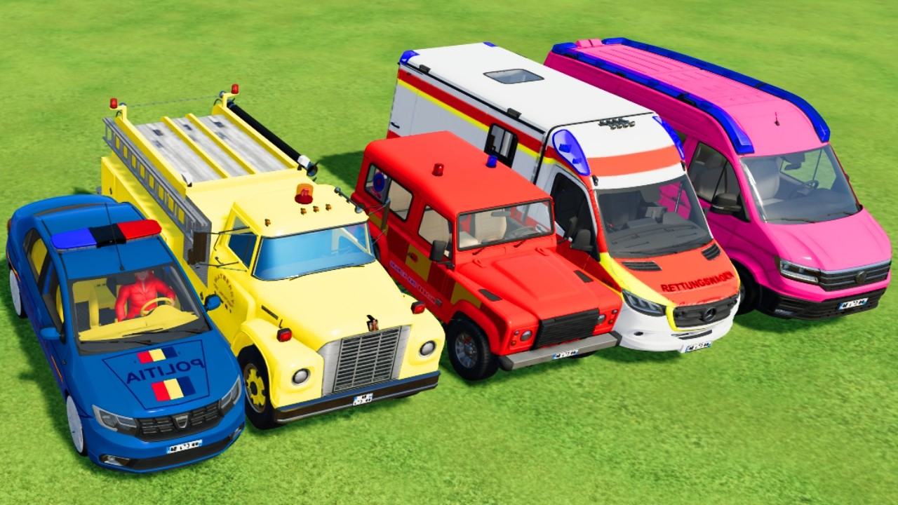 TRANSPORTING POLICE CARS, AMBULANCE, FIRE TRUCK, COLORFUL CARS WITH TRAIN -FARMING SIMULATOR 22!