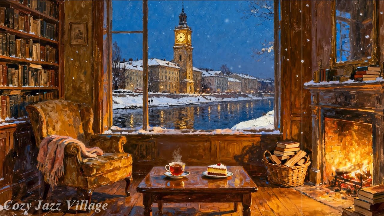 Warm Fireplace on a Snowy Night ❄️ Cozy Vintage Room & Slow Jazz Instrumentals