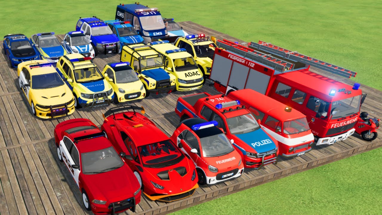 TRANSPORTING CARS, AMBULANCE, POLICE CARS, FIRE TRUCK OF COLORS! WITH TRUCKS! - FS 22