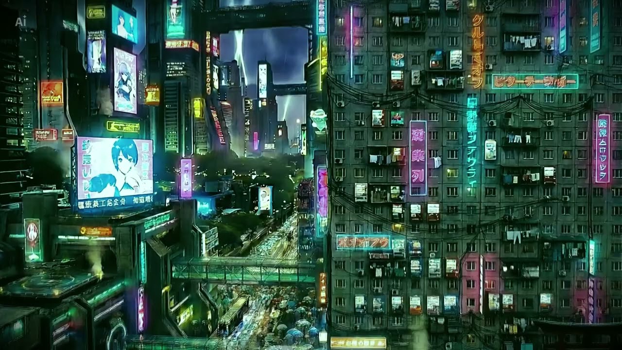 Futuristic Metropolis Rain | Muffled Flying Traffic & Neon reflections from a High-Rise