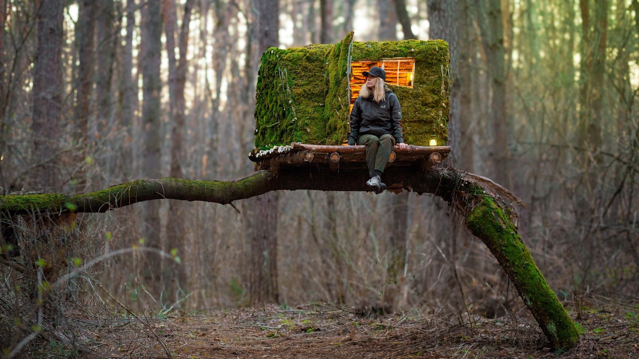Building a Shelter for Survival on a Fallen Tree. Cozy Survival Hut. Bushcraft