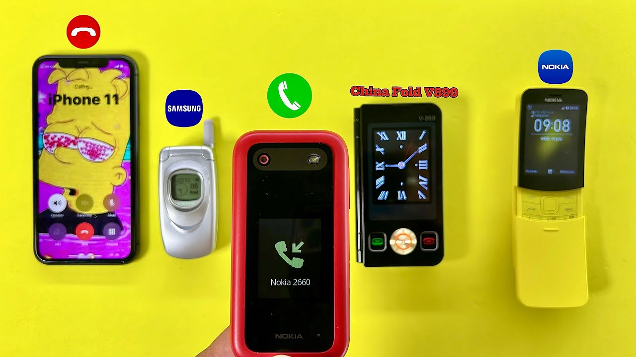 Outgoing Call from iPhone 11 on Samsung A800, Nokia 2660 flip, Fold V899 Made in China, Nokia 8110