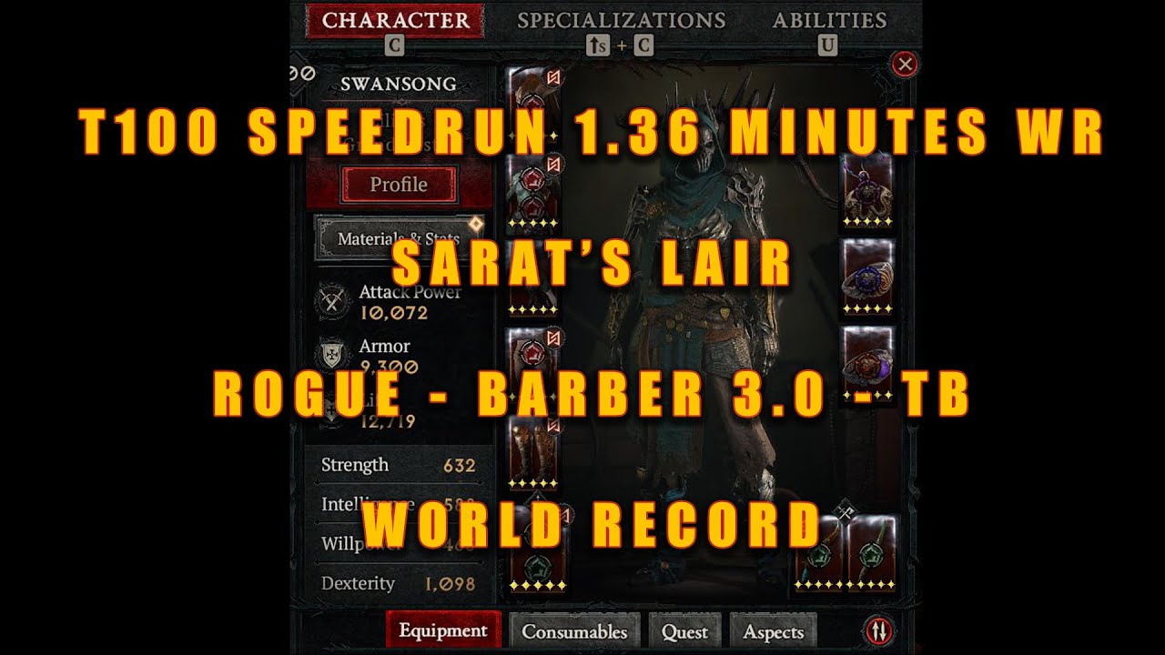 Rogue T100  🏆1.36 Minute SpeedRun🏆 Sarats Lair / Diablo 4