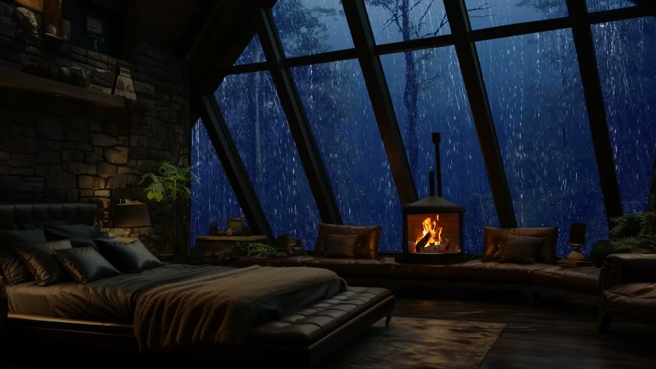 Late Night Rain & Fireplace in Forest Cabin Loft 🌧🔥 Cozy Sounds to Sleep & Unwind