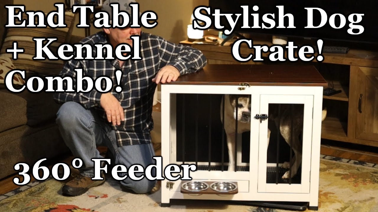 Stylish & Functional Dog Crate Furniture | Foldable Wooden Kennel with 360&deg; Rotating Feeder
