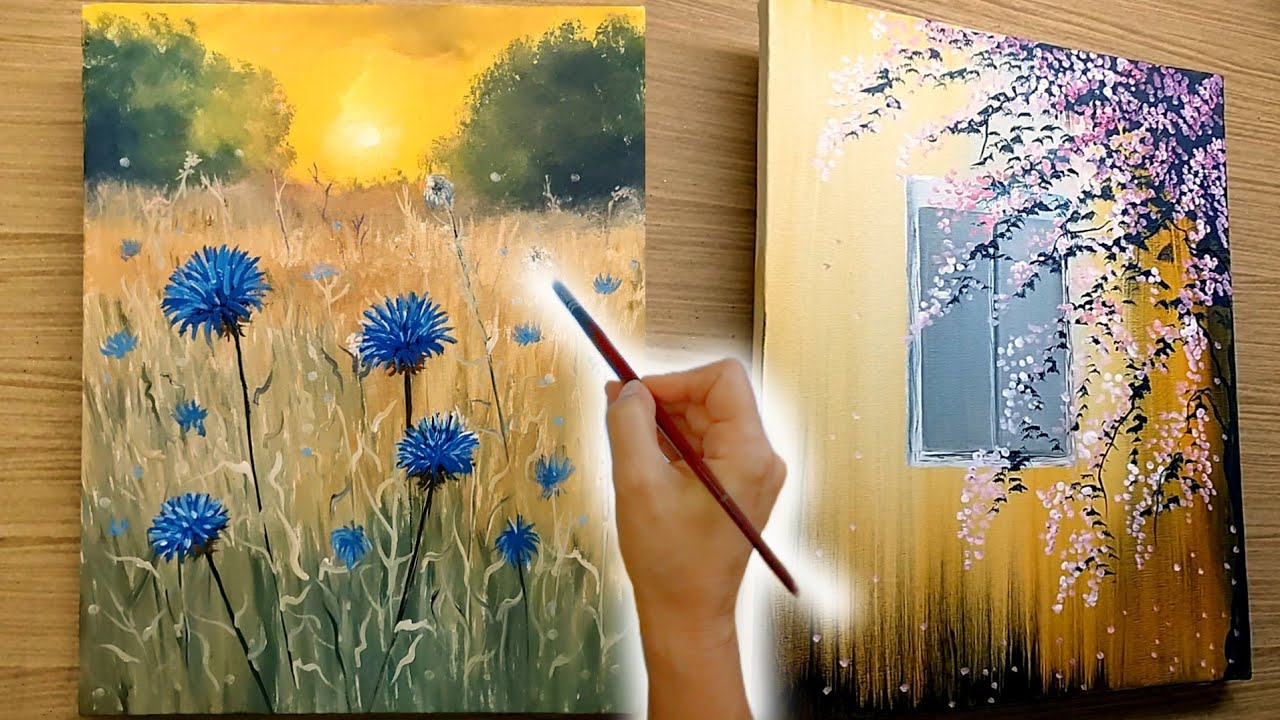 2 Landscapes with delicate flowers - Time lapse - Acrylic Painting