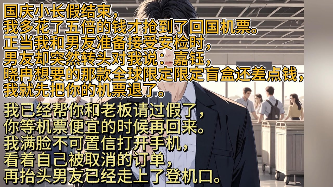 【男友退我回國機票，只為給青梅買限定盲盒】國慶小長假結束，我多花了五倍的錢才搶到了回國機票。正當我和男友準備接受安檢時，男友卻突然轉頭對我說：嘉缽，曉冉想要的那款全球限定限定盲盒還差點錢