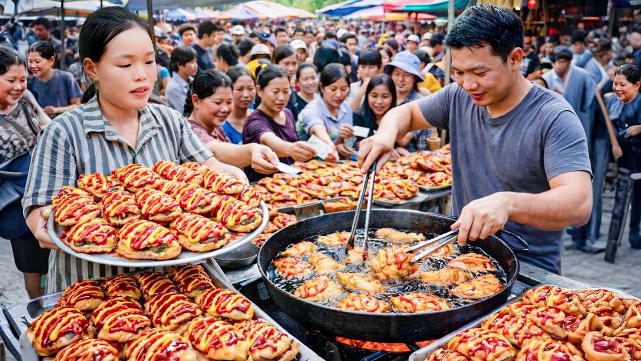 The process of making fried chicken patties and green vegetable spring rolls sell at the market