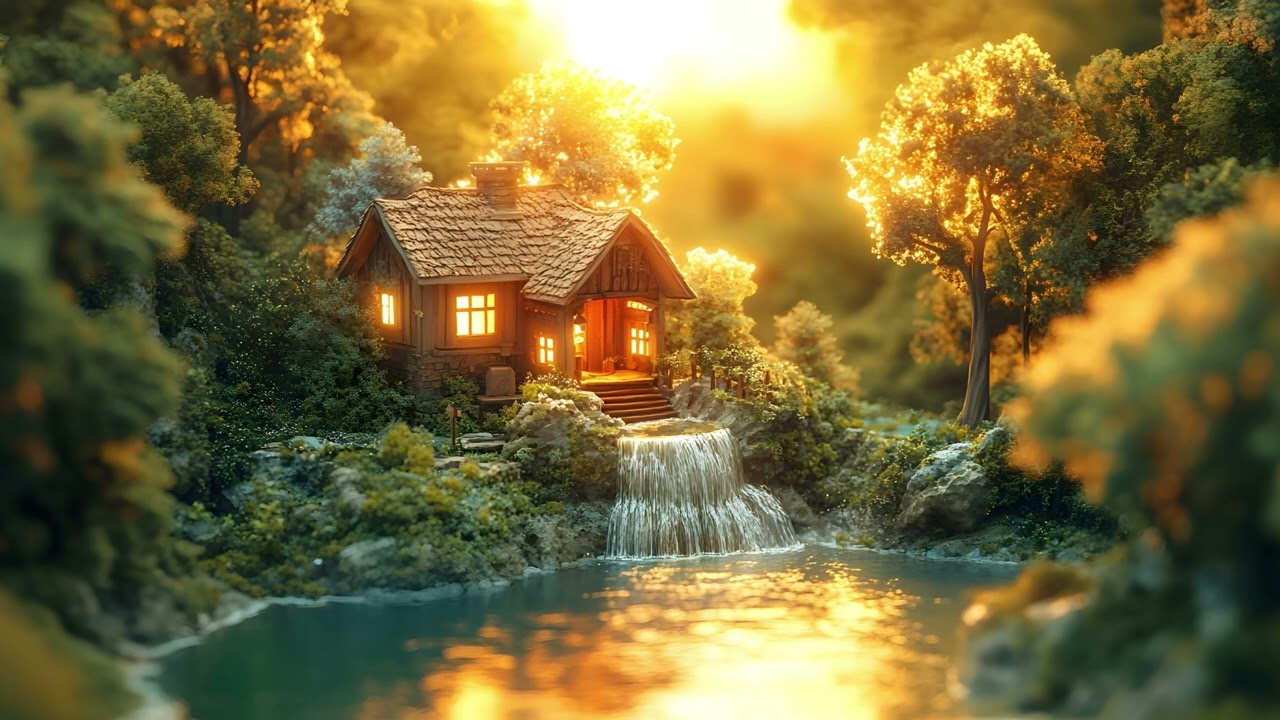 Miniature Cottage Sunrise Diorama, Wall Art Decor | Frame TV Screensaver
