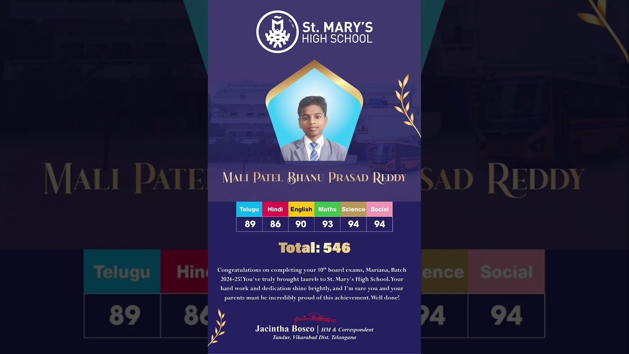 St. Mary's High School, Tandur | SSC Results | 2024-25