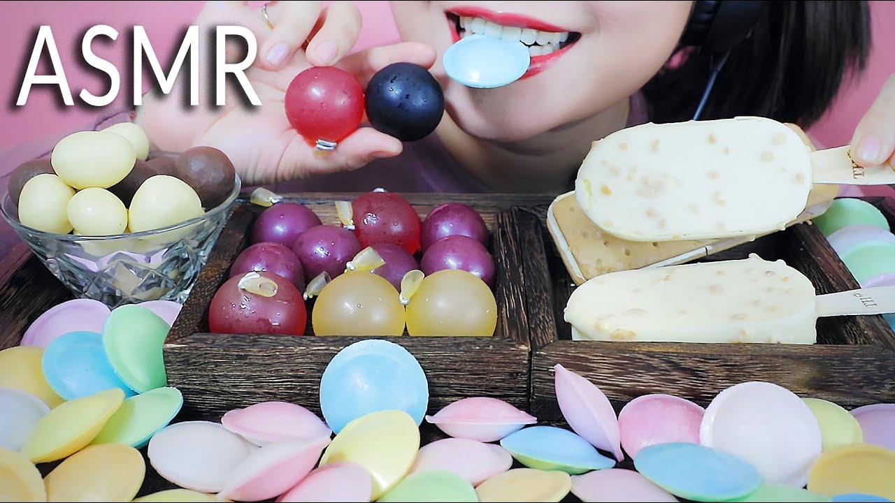 ASMR POPPING JELLY BALL+ICE CREAM+STRAWBERRY COATED WITH CHOCOLATE+UFO CANDY EATING SOUNDS|LINH ASMR