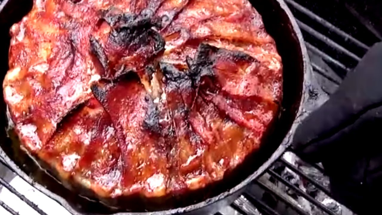 GIANT Bacon Wrapped Stuffed Burger in Cast Iron on the GRILL