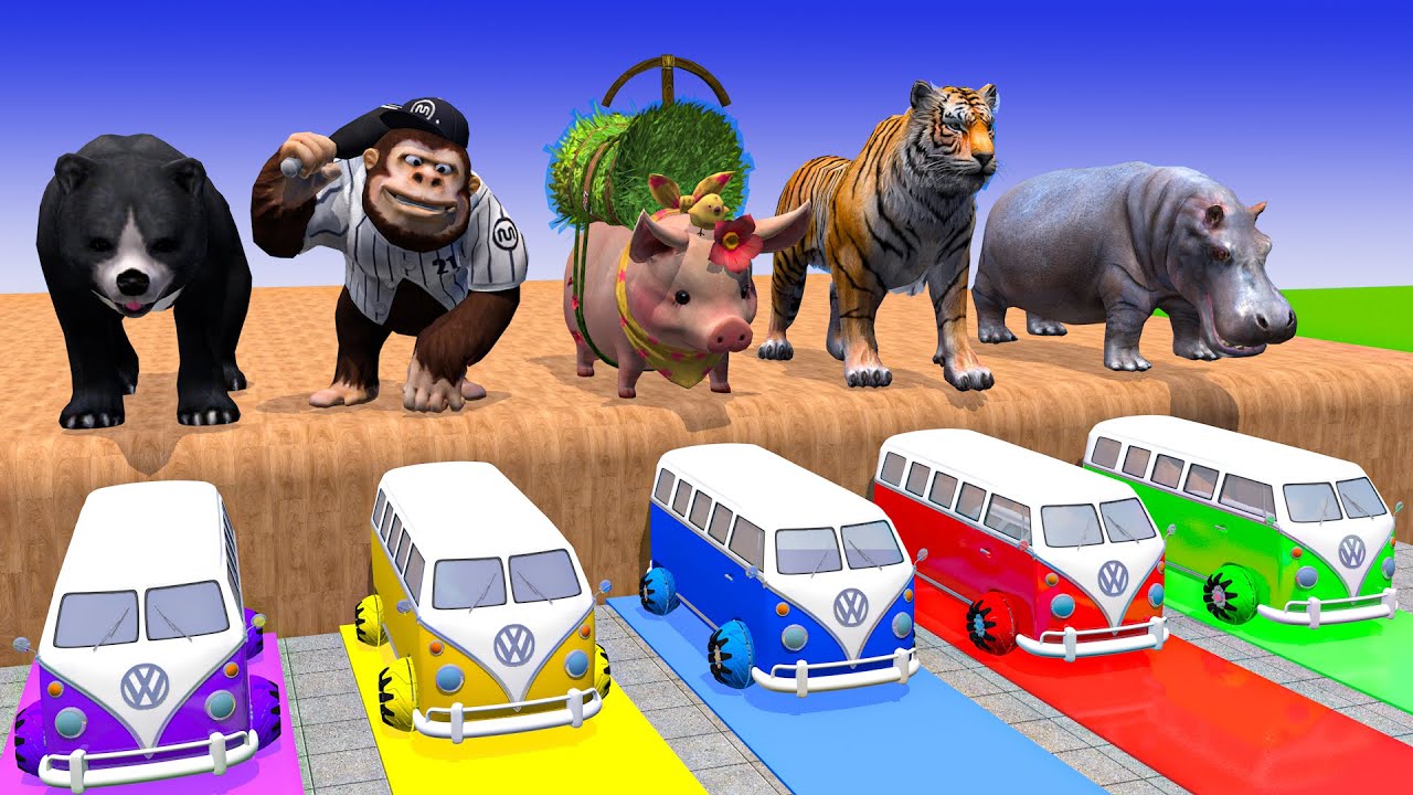 Длинная горка с коровой, слоном, гориллой, бегемотом, тигром - 3D-игра с животными - Забавные 3D-...