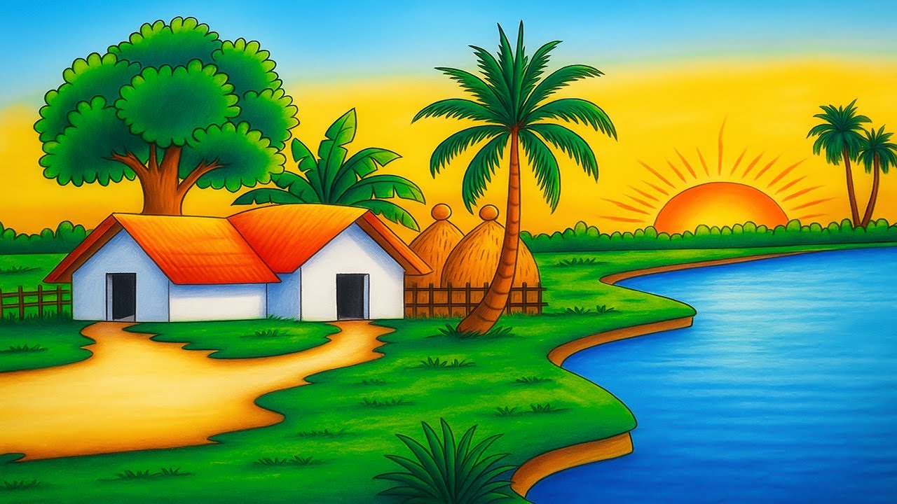 How to Draw Village Scenery with Sunset & River | Easy Step by Step Tutorial | Ghar ka chitra