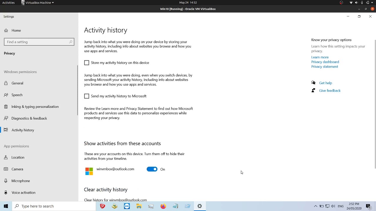 Turn off Activity History Windows 10
