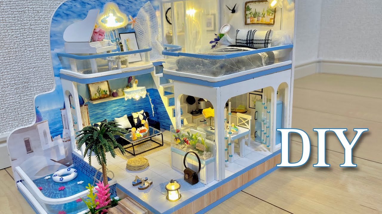 DIY Miniature Dollhouse Kit Pool with house/ミニチュアドールハウスキット プールのある家作り