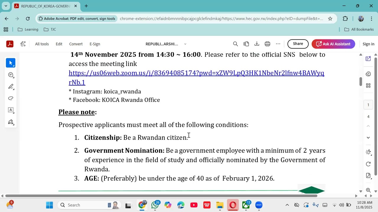 SCHOLARSHIP UPDATES:  REPUBLIC OF KOREA-GOVERNMENT OF RWANDA SCHOLARSHIP
