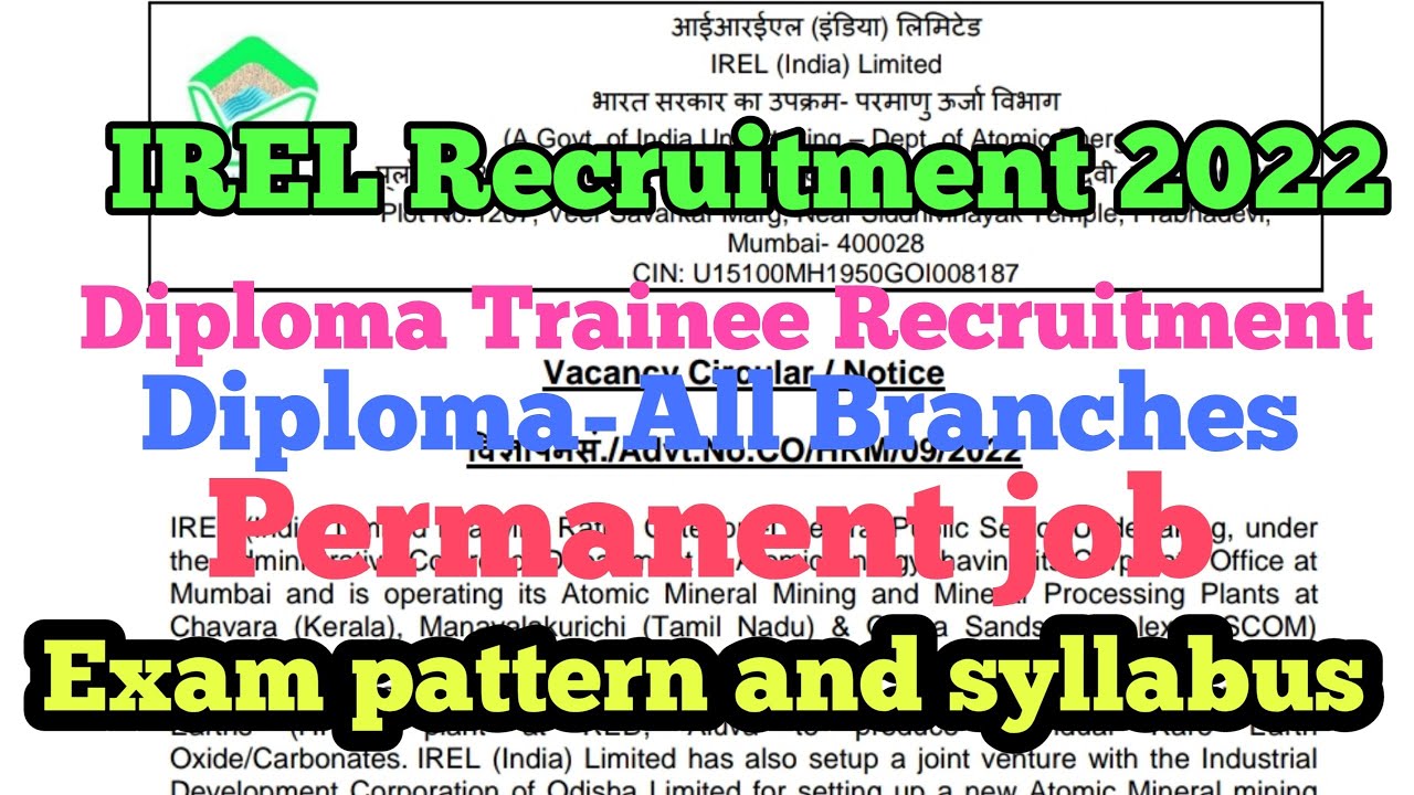 #IREL Diploma Trainee Recruitment 2022 | IREL Diploma Trainee exam pattern and syllabus
