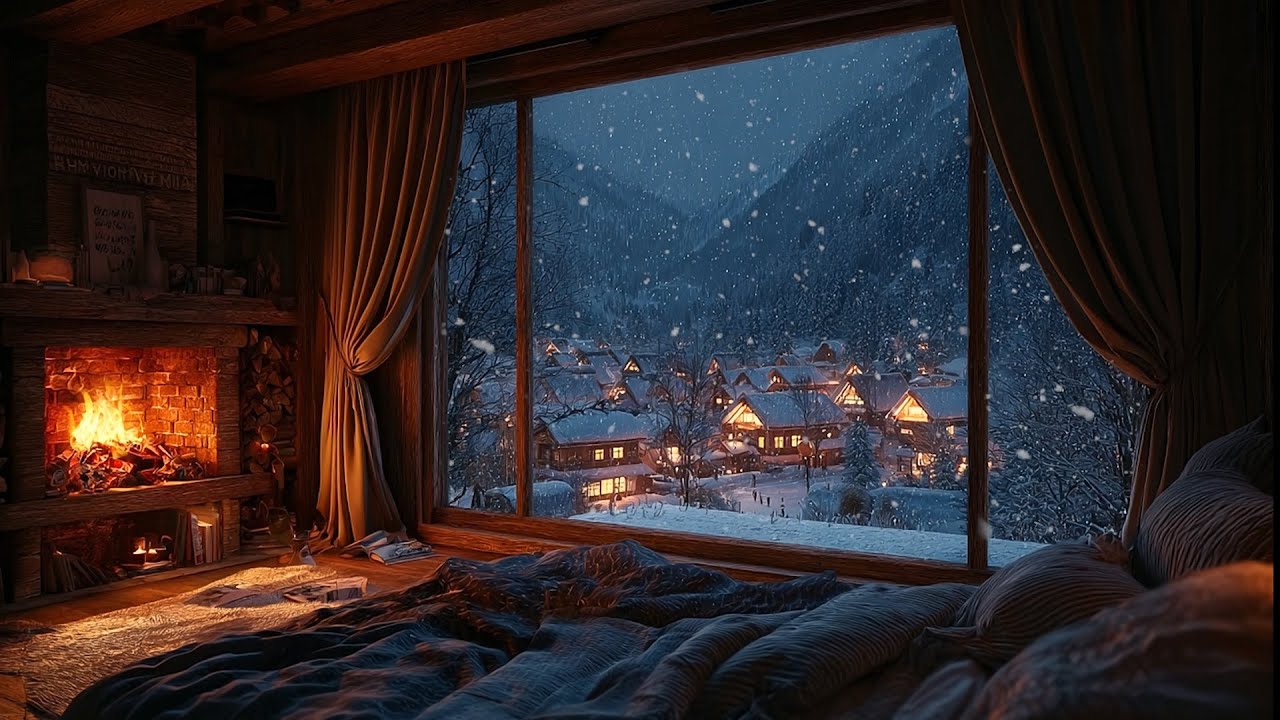 Relaxing Winter Snowfall with Soft Jazz Music on Cozy Cabin Ambience ⛄ Fireplace Sounds for Unwind