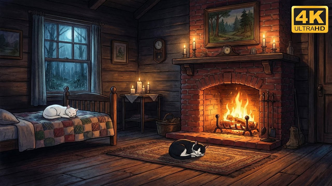 lofi Fireplace | Rainy Night Cabin Ambience for Sleep, Study & Relax (4K)