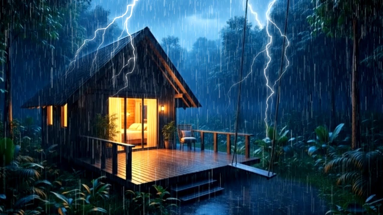 Stormy Night in a Forest Cabin ⚡ Rain & Thunder Ambience | HEAVY RAIN | RAIN SOUNDS | STROMY NIGHT