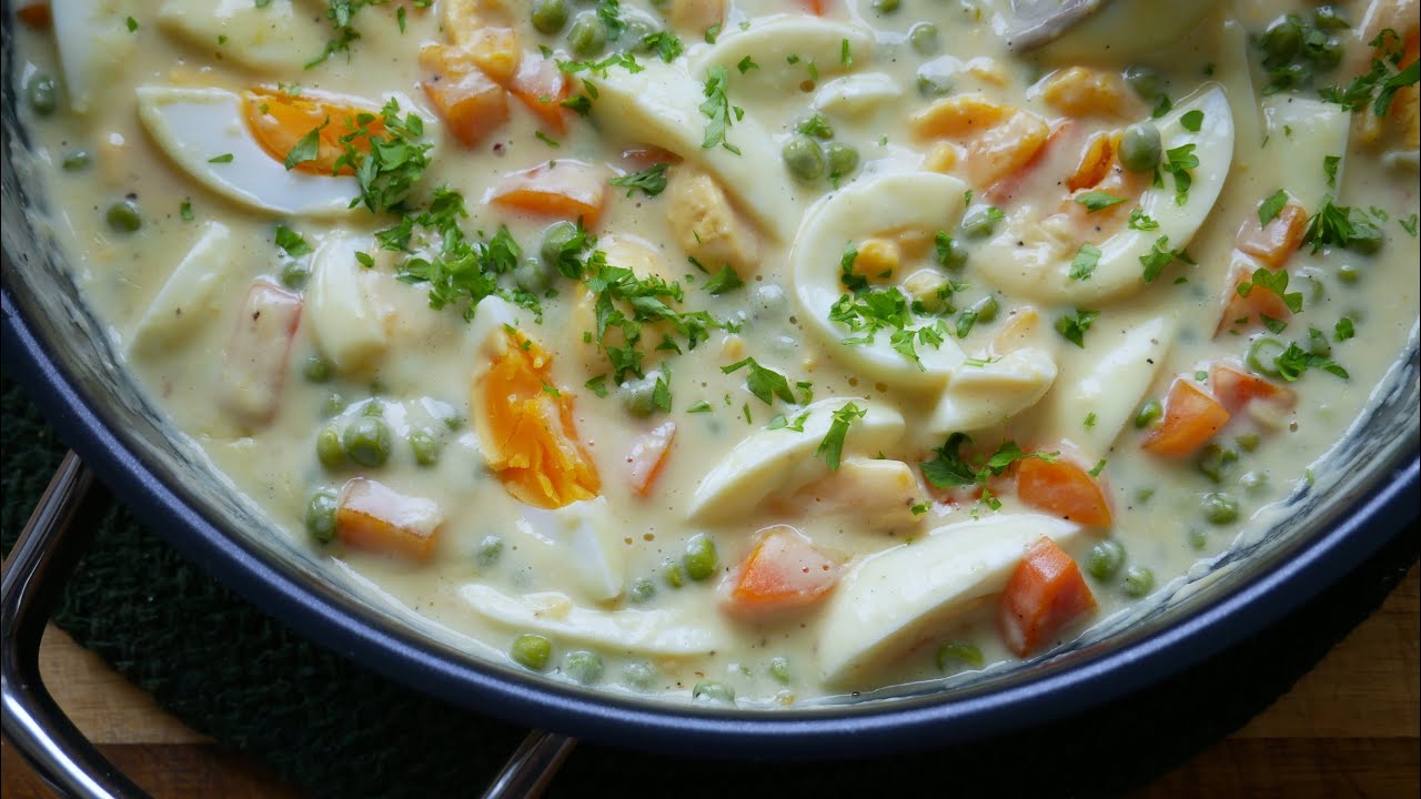Eier Frikassee mit Erbsen und Möhren | Rezept | Eier Ragout | Günstig | Schnell | Einfach | FastFood