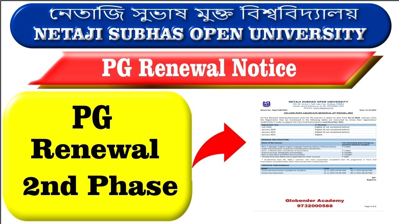 Nsou Pg Renewal 2023, MA, MSc, Mcom, 2nd Phase Netaji Subhas Open University