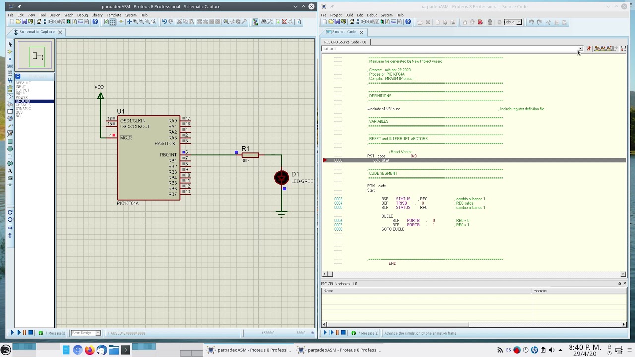 Simulación de un PIC16F84 en ASM con Proteus