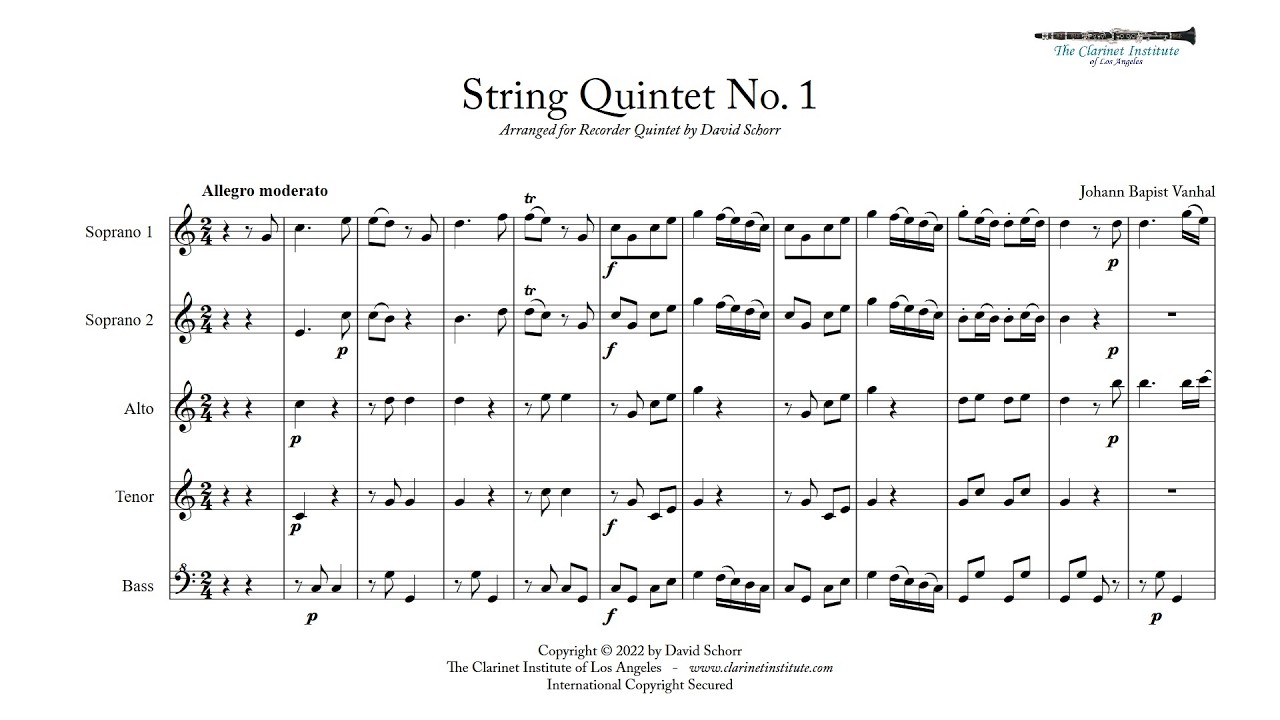 Vanhal, Johann Baptist  -  String Quintet No 1 for Recorder Quintet