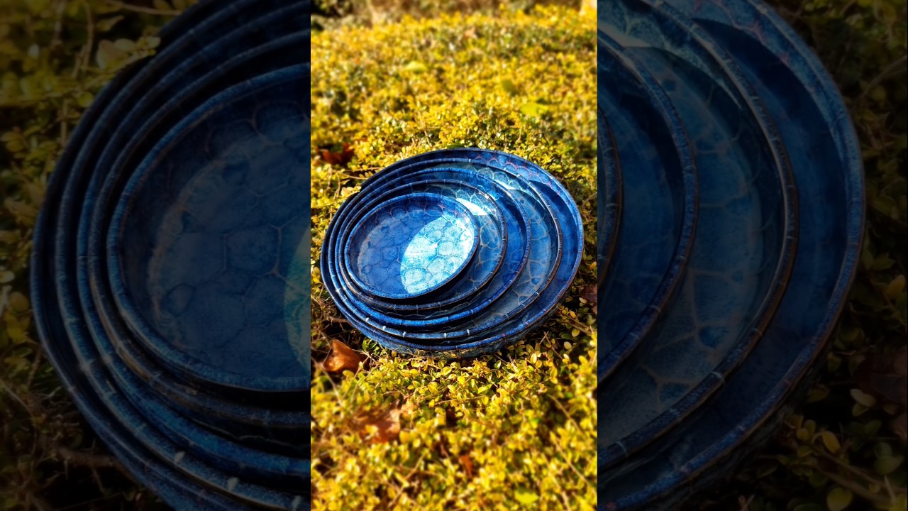 The full set! Frozen Pond Glaze on Stacked Platters | 3 Unique Pottery Glaze Combinations