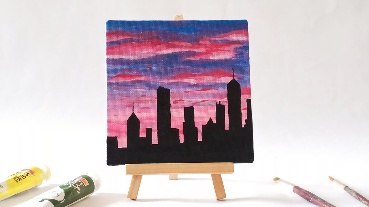 Sunset Cityscape Acrylic Painting For Beginners | How To paint A Sunset On A Small Canvas