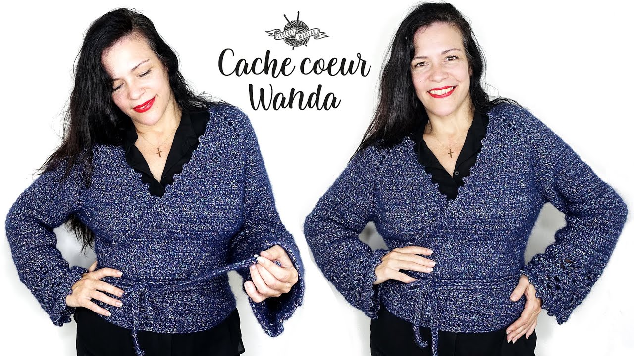 CACHE COEUR top down au crochet point fantaisie aux manches