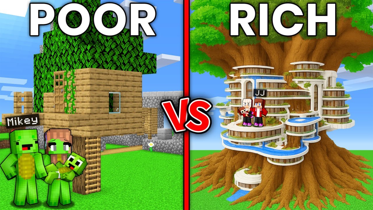 JJ and Mikey : POOR vs RICH Tree House Family Battle in Minecraft ! - Maizen