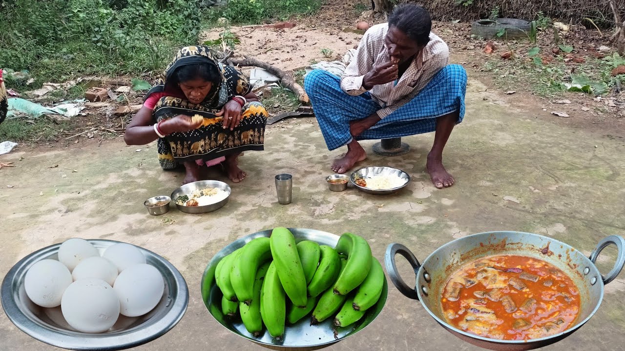 raw BANANA with EGGS curry recipe by tribal mother father cooking and eating || kachkola dim recipe