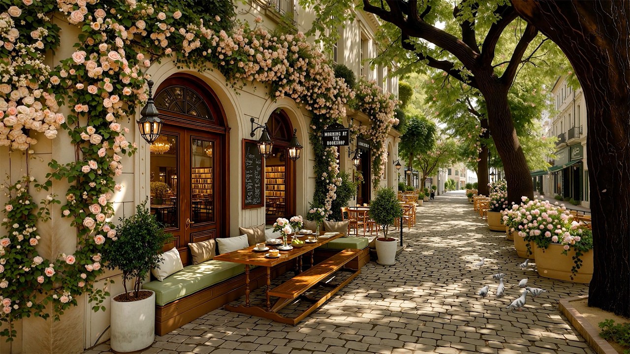 Relaxing Morning Jazz 🌸 Cozy Spring Bookstore Café on a Quiet Street | Positive Jazz for Calm Start