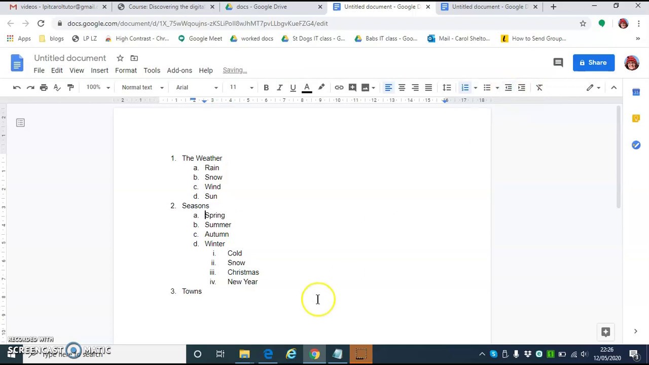 Multi level numbering in Google Docs