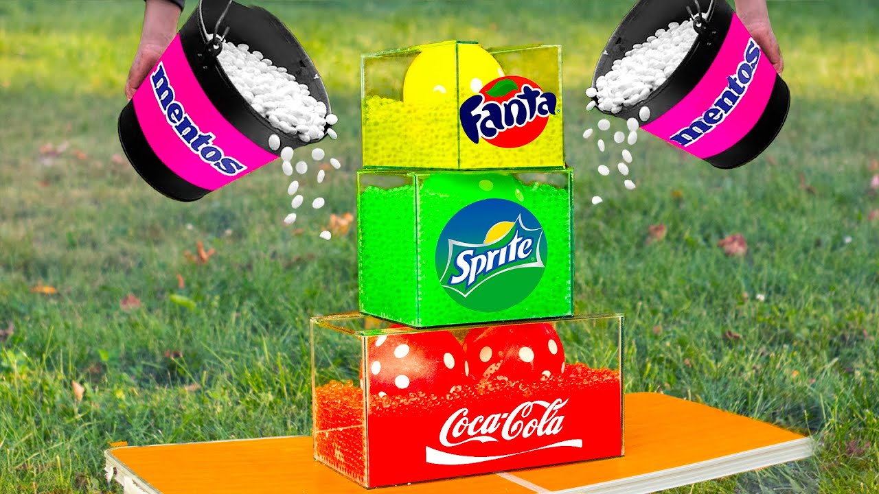 Experiment: Pyramid of Aquarium Coca-cola VS Mentos, Giant Balloons with Fanta & Sprite and Orbeez