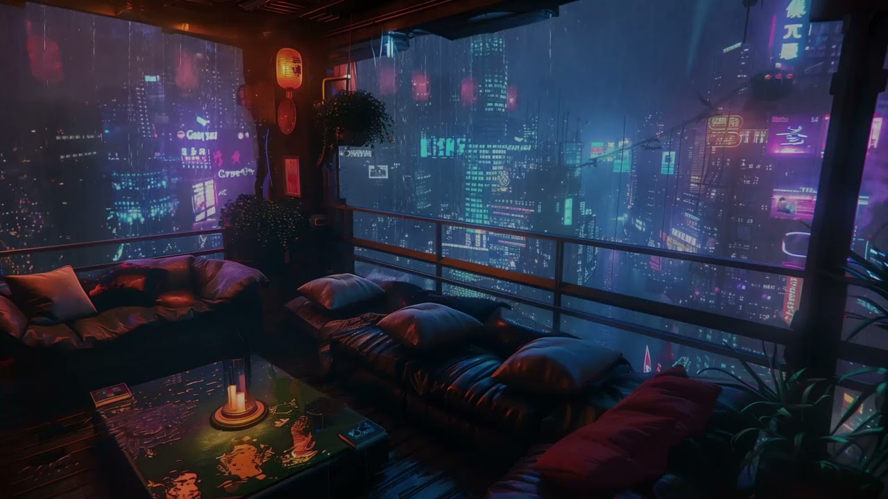 Cyberpunk Ambience: Mystical Balcony Serenity to Lull You to Sleep Amidst Rain and Neon Lights 😴